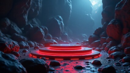 Wall Mural - mysterious futuristic platform illuminated by red and blue lights within rocky cavern