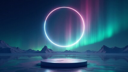 Wall Mural - abstract digital rendering of a neon ring, podium, aurora borealis, and landscape
