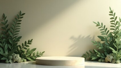Wall Mural - minimalist podium with green plant foliage for product showcase and display