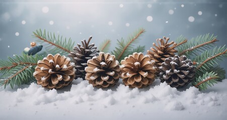 Poster - A wintry scene with pine cones nestled in snow, accented with evergreen branches and delicate falling flakes. A tranquil holiday vibe is evident.