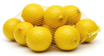 A group of lemons inside a yellow net bag on a white background in a studio setting scene view
