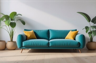 Poster - Sunlit living room features a teal velvet sofa with mustard yellow pillows, flanked by potted tropical plants.  Minimalist, modern design.