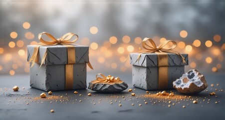 Leinwandbilder - Two wrapped gifts with gold ribbons and some decorative pebbles, adorned with golden sparkles and bokeh lights. Festive and celebratory atmosphere.