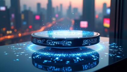 Wall Mural - futuristic digital platform levitating in a modern city, illuminated, reflective surface
