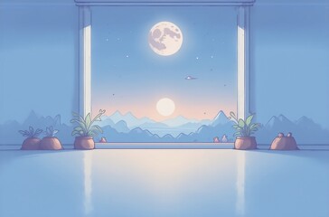 Poster - Serene moonlit landscape viewed from a minimalist room.  A perfect avatar background featuring a tranquil scene of mountains, rising sun, and moon.