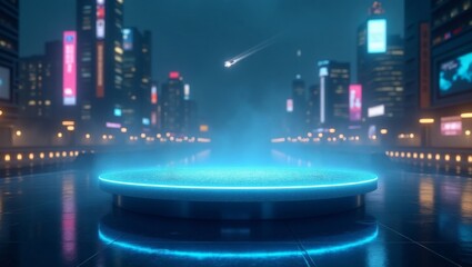 Wall Mural - futuristic cityscape with a glowing stage in the center showcasing an event