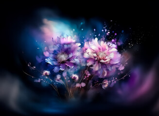 Poster - Hints: flowers, colorful, dark background.

A colorful floral arrangement is presented against a dark background.  The flowers burst with hues of purple, blue, and pink, creating a dreamy atmosphere.