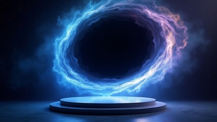 Wall Mural - abstract illustration of a glowing portal with a pedestal stage in space