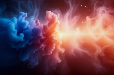 Aufkleber - Abstract image of vibrant blue and red swirling clouds meeting, resembling a cosmic nebula or explosion of color. The contrast and blend create a dynamic and energetic visual.