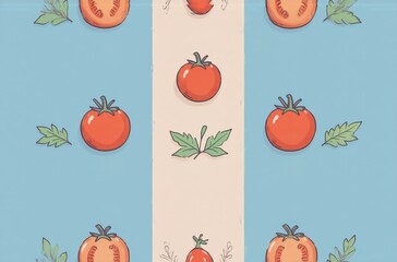 Poster - A repeating pattern featuring vibrant red tomatoes and fresh green leaves on a light blue and beige background.  A simple, stylized illustration perfect for an avatar or digital asset.