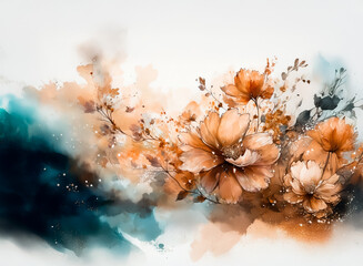 Aufkleber - An abstract floral watercolor painting showcases vibrant blooms and soft, flowing colors. Hints of teal blend with earthy tones and create a delicate and artistic piece.