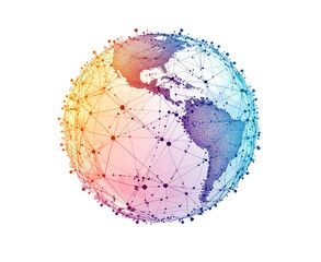A colorful, stylized globe composed of interconnected lines and nodes isolated on transparent background