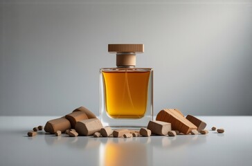 Fototapete - Amber perfume bottle with wooden cap sits on a reflective surface among scattered wooden blocks, suggesting natural ingredients and scents.