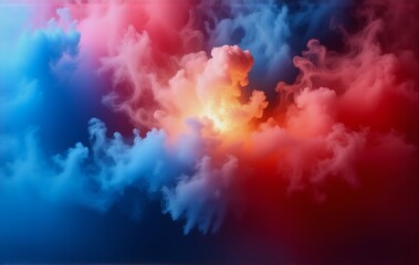 Fototapete - A vibrant abstract image depicting swirling clouds of blue and red hues, illuminated from within by a warm, golden light.  The colors blend and contrast, creating a dynamic and energetic atmosphere.