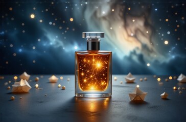 Aufkleber - A celestial perfume bottle glows with inner light, surrounded by origami stars against a cosmic backdrop.  The scene evokes dreams and magic.