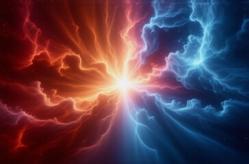 Fototapete - Fiery orange and cool blue energy collide in a vibrant, swirling vortex.  A bright light bursts from the center, creating a dynamic and powerful image.