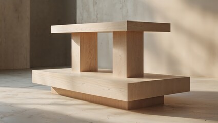 Wall Mural - architectural wooden table with geometric design and soft lighting in interior space