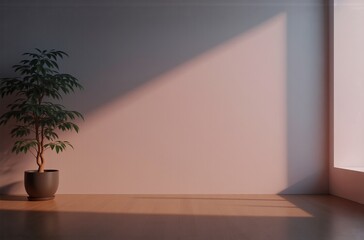 Aufkleber - Sunlight streams into a minimalist room, illuminating a potted plant against a pale pink wall and hardwood floor.  The scene evokes serenity and calm.