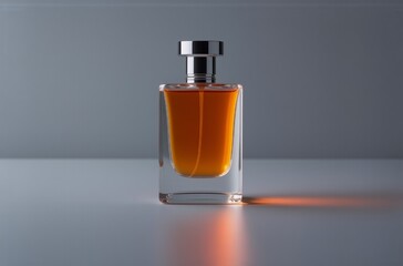 Fototapete - Amber-hued perfume in a clear, rectangular glass bottle with a silver cap, sits on a reflective surface, illuminated by a soft light casting a warm shadow.