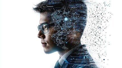 Digital collage of AI scientist profile with neural networks and data streams overlaying, highlighting futuristic technology and artificial intelligence concepts in a minimalist white background.