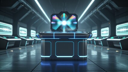 Wall Mural - futuristic command center with glowing displays and advanced technology in a cyberpunk scene