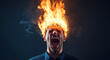© Keopaserth - Angry man with flames on his head expresses intense emotion, showcasing dramatic scene filled with fire and smoke. contrast of light and dark enhances visual impact