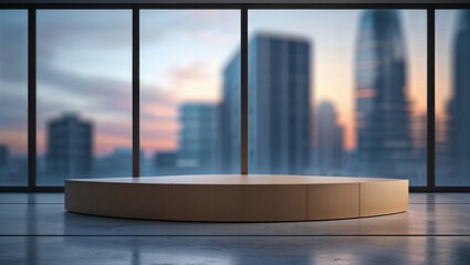 Wall Mural - an elegant interior space with a presentation platform overlooking a cityscape