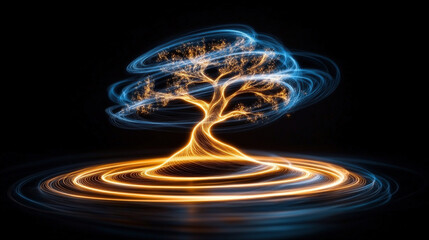 Poster - tree is beautifully illuminated with swirling light, creating mesmerizing effect against dark background. light painting technique highlights tree branches and creates glowing aura around it