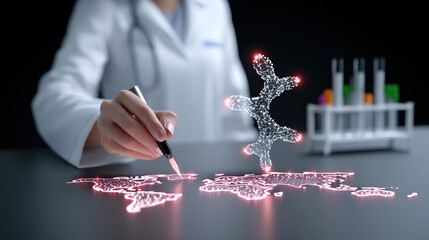 Poster - scientist in lab coat interacts with digital map and 3D molecular structure, symbolizing global collaboration in drug development using AI technology