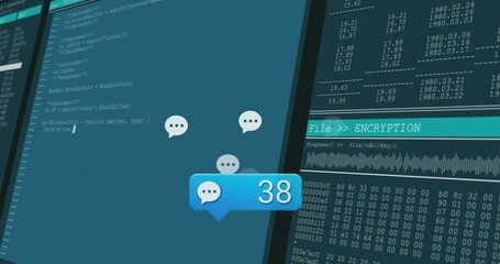 Wall Mural - Blue chat notification bubble displaying 43 over split screens showing code and encryption panel