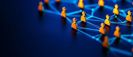 abstract network visualization with connected figures on a dark blue background, showing social conn