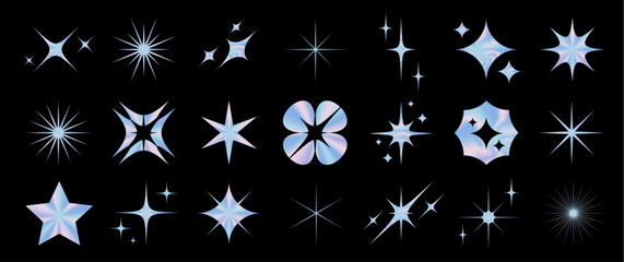 Wall Mural - collection of holographic stars and geometric labels. iridescent foil star in various shapes with a 
