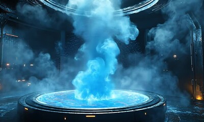 Wall Mural - A futuristic portal emitting blue mist in a high-tech environment with glowing elements