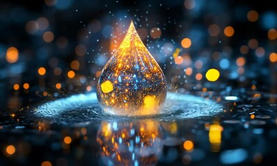 Wall Mural - A vibrant water droplet suspended in the air, surrounded by shimmering particles and glowing lights