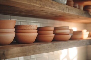 Leinwandbilder - A rustic kitchen cabinet features open shelves filled with earthy ceramic bowls, illuminated by soft lighting that enhances the warm, welcoming atmosphere
