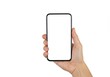 © Muaz - A hand holding a smartphone with a blank white screen against a plain white background in a studio shot