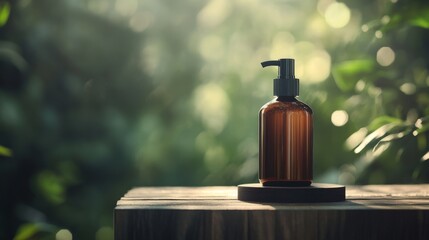 Poster - An amber glass bottle with a black pump rests on a textured wooden surface, illuminated by soft sunlight and surrounded by blurred green foliage