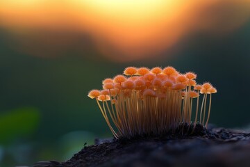 Poster - A cluster of fuzzy brown mushrooms thrives on a rock, benefiting from the natural light that accentuates their texture and form in the warm glow of sunset