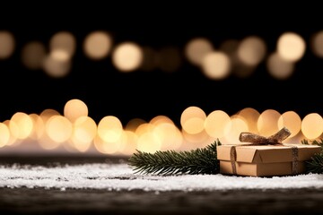 Aufkleber - Close-up of a golden gift box resting on lush fir branches with snow, enhanced by beautiful bokeh lights, creating a warm holiday atmosphere for greetings