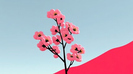 pink blossom tree branch minimalist spring asian floral design 3d render