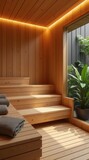 Serene wooden sauna interior with garden view