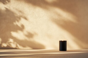 Poster - A lit candle placed in a black ceramic holder emits soft light, creating distinct shadows on a beige wall, highlighting a minimalist and serene atmosphere