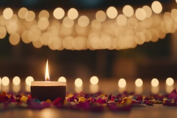 Poster - Lit candle rests on a bed of colorful flower petals, illuminated by soft golden bokeh lights, enhancing the tranquil and festive atmosphere of Diwali celebration