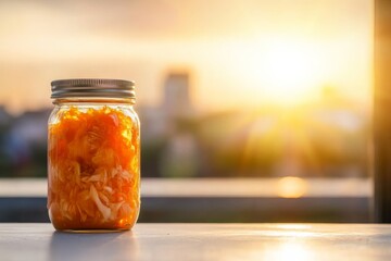 Aufkleber - A mason jar overflowing with colorful sauerkraut glows warmly in natural sunlight on a white surface, evoking a homely kitchen vibe perfect for culinary inspiration