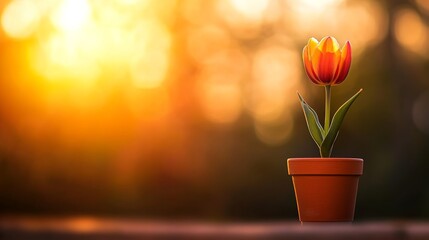 Leinwandbilder - Single vibrant tulip blooms in a terracotta pot against a softly blurred sunset background, highlighting the flower's vivid colors and fine details