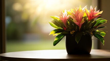 Poster - Close-up of a tropical flower arrangement on a round table, bathed in warm light. Vibrant colors evoke a celebratory mood, perfect for summer gatherings