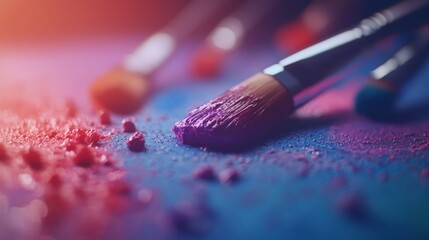 Aufkleber - Close-up of a colorful artist palette featuring bright paint dabs and brushstrokes with brushes resting atop, illuminated by soft studio lighting to highlight texture