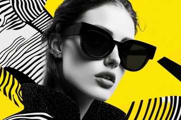Leinwandbilder - Close-up features a figure wearing oversized sunglasses in a vibrant pop art collage filled with bold colors and striking patterns, radiating energetic style