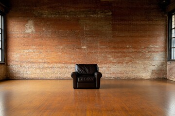 Leinwandbilder - Close-up view of a dark, elegant armchair set against a weathered brick wall with exposed brick and plaster, offering rustic charm and contrast