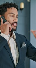 Aufkleber - Man, phone call and discussion by window at office with networking, negotiation or contact at real estate agency. Person, realtor and smartphone with talking, feedback and deal for property investing